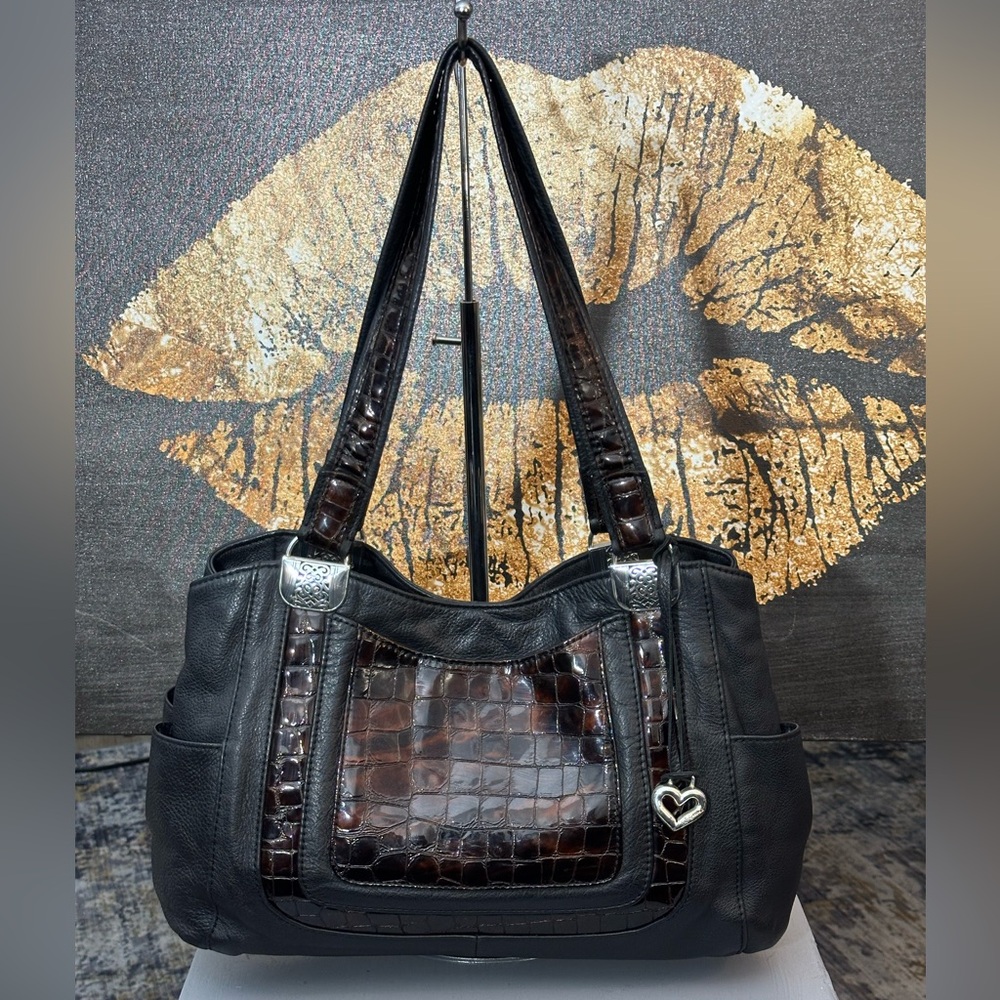 Brighton Black Pebbled Leather and Brown Croc-Embossed Hobo Shoulder Bag